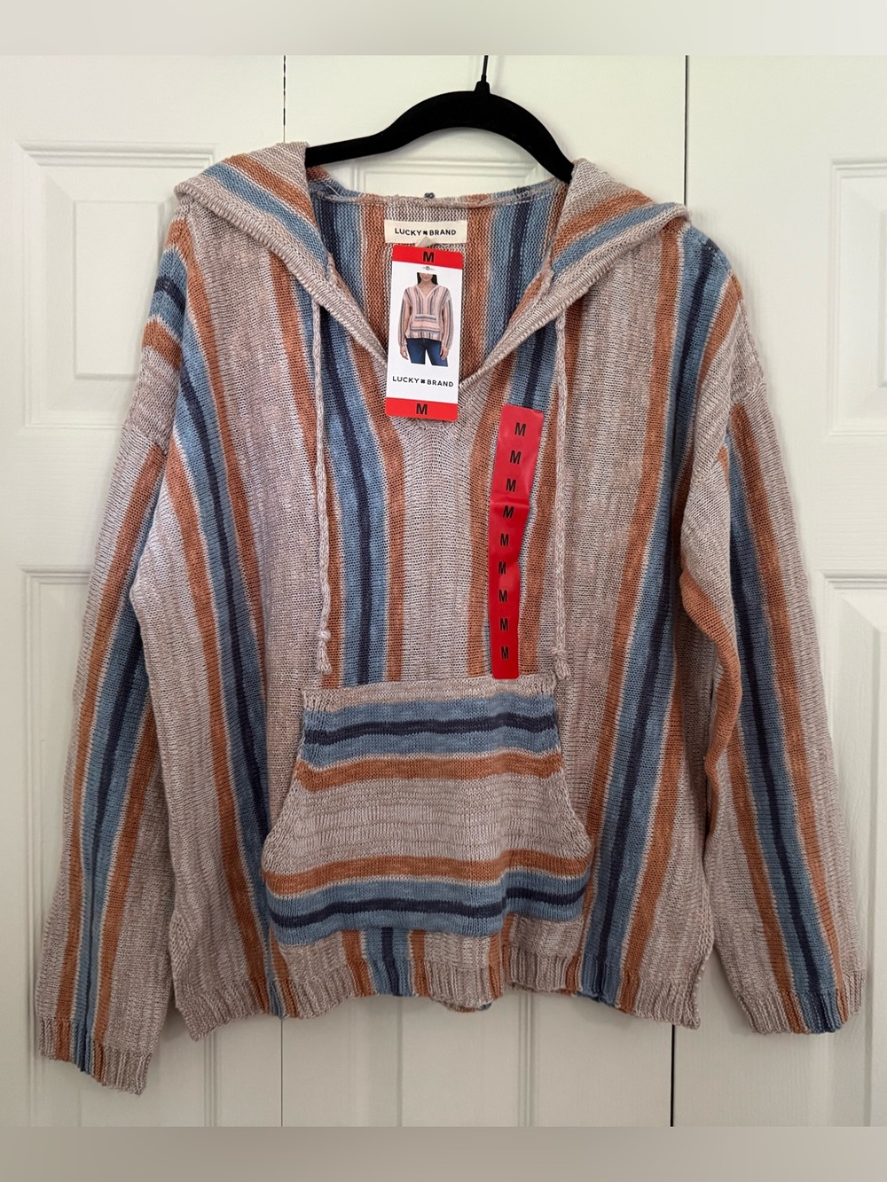 Lucky Brand Striped Baja Beach Hoodie Pullover in Blue, Tan & Cream